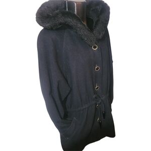 London Fog Black 100% Wool Button Up Coat With Faux Fur Trim 12M